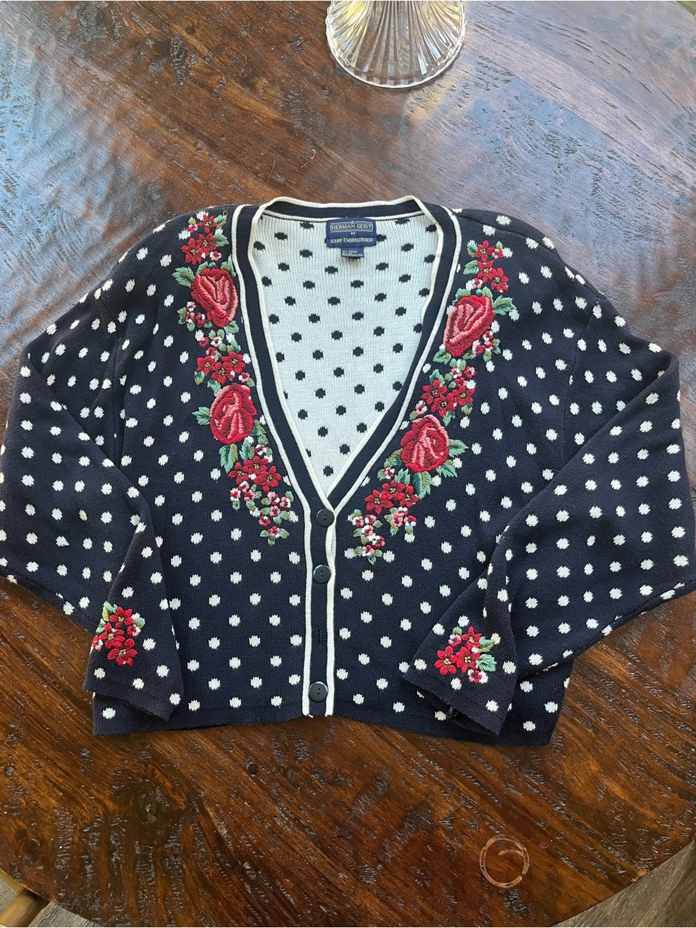 Vintage Navy Polka Dot Cardigan Red Rose Hand Embroidery Grandmacore Cottagecore